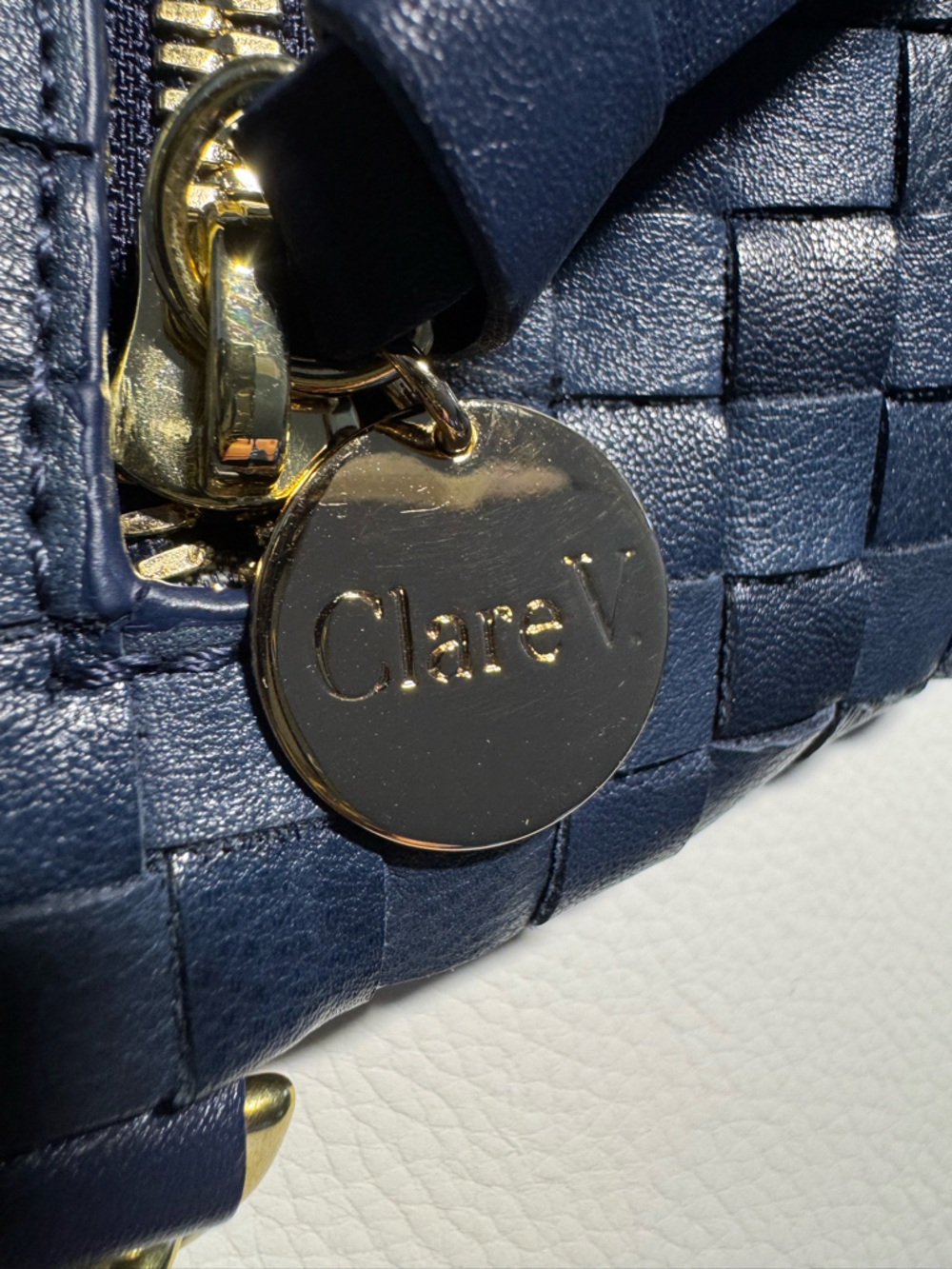 Clare V Moyen Woven Leather Crossbody Bag Blue Crescent Zip - Picture 2 of 9
